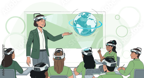 Engaging futuristic classroom scene: teacher delivering an interactive geography lesson using