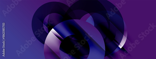 Abstract composition features layered, translucent curves. Purple hues dominate, creating depth, movement, modern aesthetic.