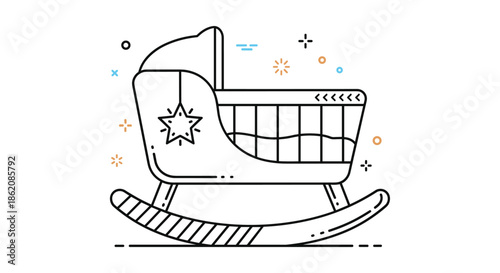 Modern minimalist line art of a rocking baby cradle with a star hanging from its hood and geometric decorative elements.