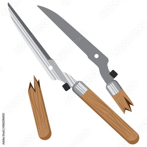 broken shear with wooden handle vector.