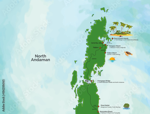 North Andaman Island Illustration Map, Andaman and Nicobar Islands, India