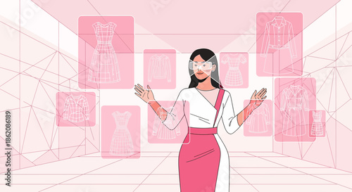 Fashionable futuristic virtual reality clothing display showcases innovative design choices for