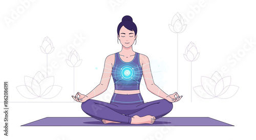 Female Character Practicing Mindfulness Meditation with Energy Activation and Lotus Flower Elements