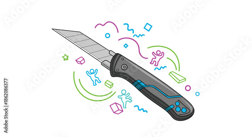 Modern illustration of a professional utility knife surrounded by vibrant abstract shapes and playful stick figures on white.