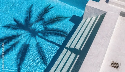 A clean abstract pattern of blue and white tiles textures a luxury resort swimming pool on Santorini Island overlooking the Greek sea during a summer vacation