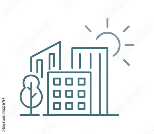 Residential buildings, sun and tree. Smart city, comfortable residence with sustainable living. Pixel perfect vector icon.