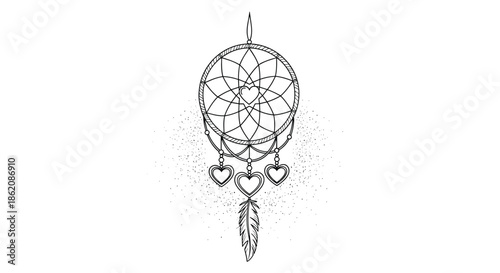 Intricate dreamcatcher illustration featuring a central heart design and hanging heart charms with a single feather.