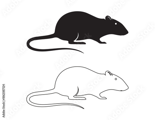 Rat and Mouse Icon Vector Set in Black and Outline Style – Rodent Silhouette Illustration for Pest Control, Logo, UI, App and Web Design