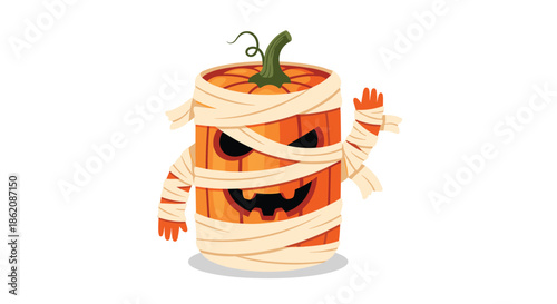 Spooky and fun Halloween character of a pumpkin dressed as a mummy with bandages and an angry facial expression.