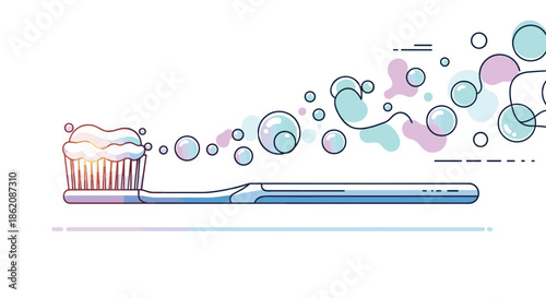 Sleek modern toothbrush with white paste and a trail of colorful pastel bubbles in a clean vector line art style.