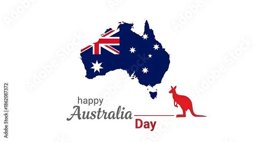 Happy Australia Day celebration with national map, flag, and iconic kangaroo silhouette illustration, ideal for patriotic designs