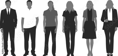 Business people silhouettes vector set showing men and women in casual and formal outfits, professional corporate team illustration collection