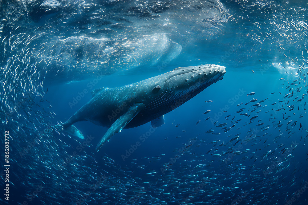 Fototapeta premium Majestic humpback whale swimming with school of fish underwater
