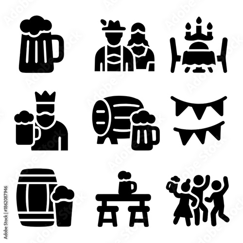 Oktoberfest icons set featuring beer, celebration, barrel, and traditional festivities
