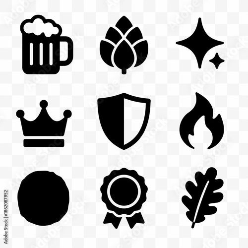 Collection of craft beer, nature, and heraldic icons in bold black designs