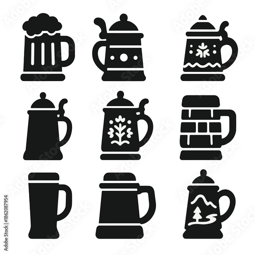 Collection of vintage beer mugs with decorative icons and patterns
