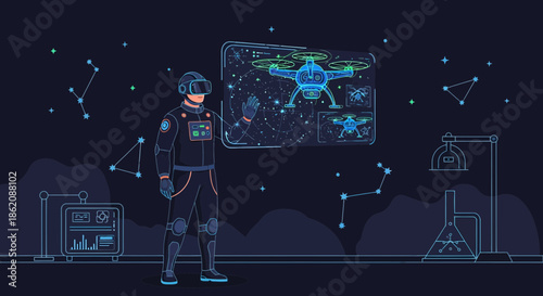 Futuristic augmented reality interface with drone control and space exploration simulator