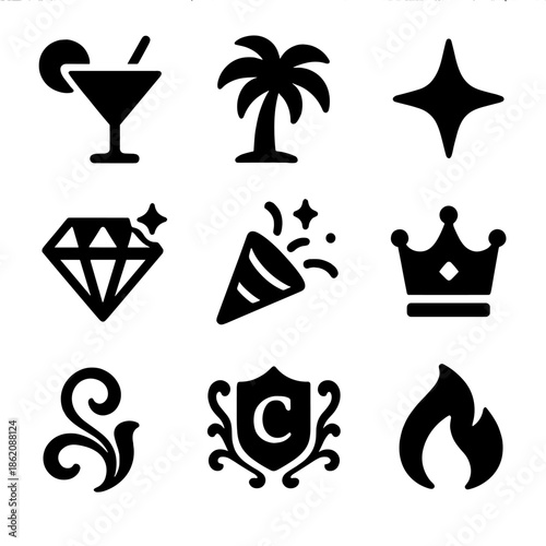 Elegant icons: cocktail, palm, star, diamond, cone, crown, flourish, shield, flame