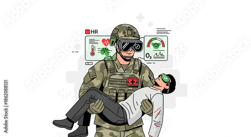 Futuristic battlefield medic carries injured soldier, using advanced technology for vital signs