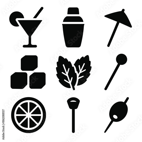 Cocktail icons: mixer, drink, ice, umbrella, and garnish symbols