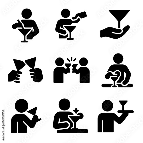 Cocktail icons: drink, shake, cheers, toast, bartender, glass, beverage, party