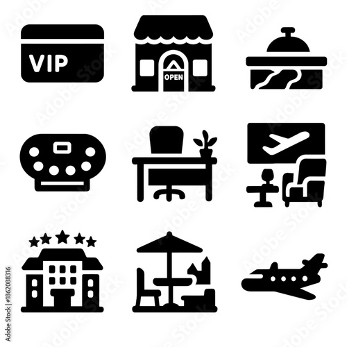 Luxury travel icons: vip lounge, hotel, airport, reception, airline
