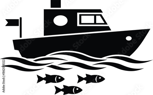 PrintBlack silhouette of a motor boat sailing on ocean waves with fish swimming below isolated on white background for marine graphic design.