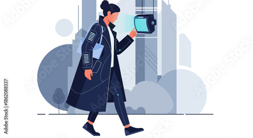 Futuristic city lifestyle with advanced technology and a woman interacting with a screen kiosk