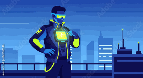 Futuristic city guardian overseeing the metropolis using integrated technology and neon accents