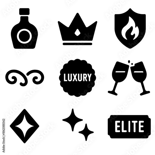 Collection of luxury icons: crown, bottle, elite label, and elegant designs