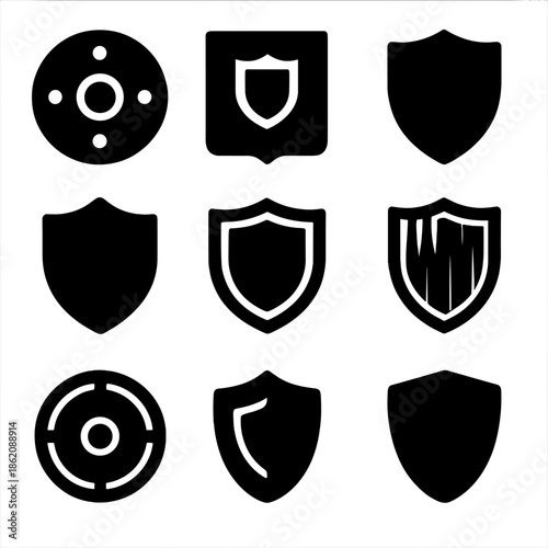 Set of nine black shield icons on gradient background for security design