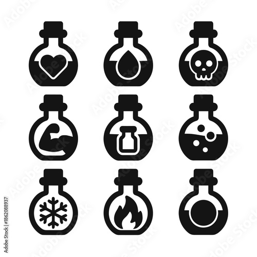 Set of nine potion icons featuring symbols of heart, skull, muscle, and elements
