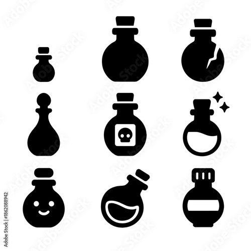 Black potion icons set with variety of designs and decorations