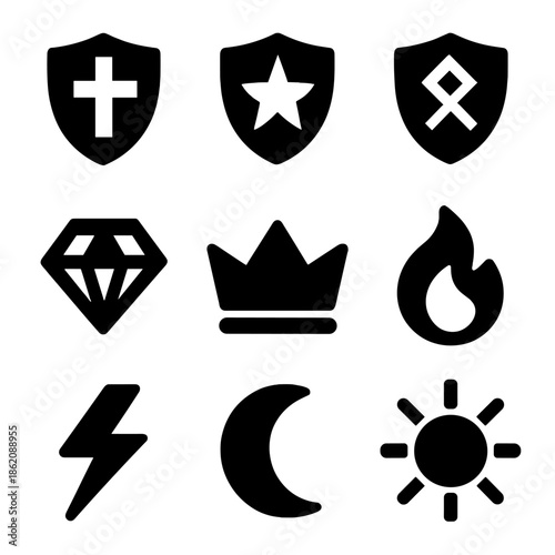 Black icons collection: shield, diamond, crown, flame, lightning, moon, sun