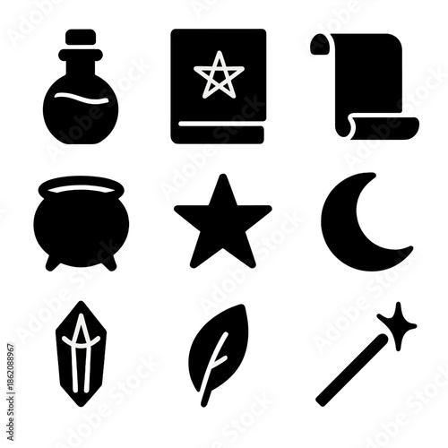 Magic icons: potion, spellbook, scroll, cauldron, star, moon, crystal, leaf, wand