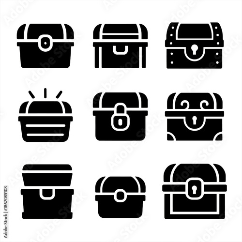 Black treasure chests icons set with locks on grey background