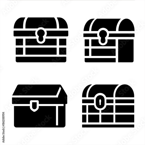 Vintage treasure chests icons set in minimalistic black design