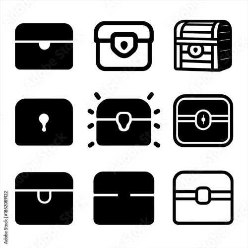 Black treasure chests icon set on dark background