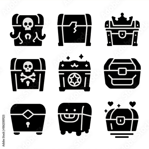 Nine unique treasure chest icons set with decorative designs for games