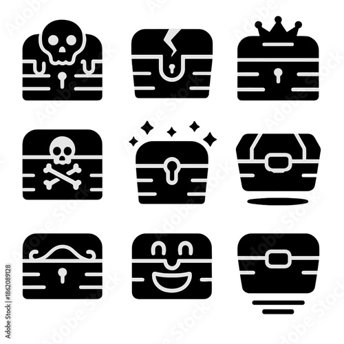 Black and white icon set of pirate and treasure chests with unique designs