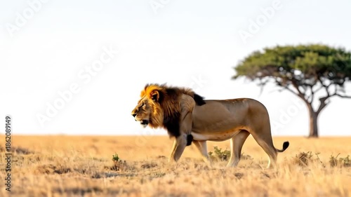 Wallpaper Mural A majestic lion with a dark mane walks across dry grassland near a lone tree Torontodigital.ca