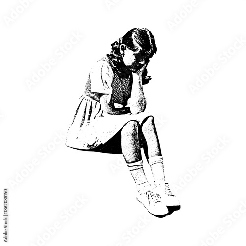 Vintage illustration of thoughtful child sitting