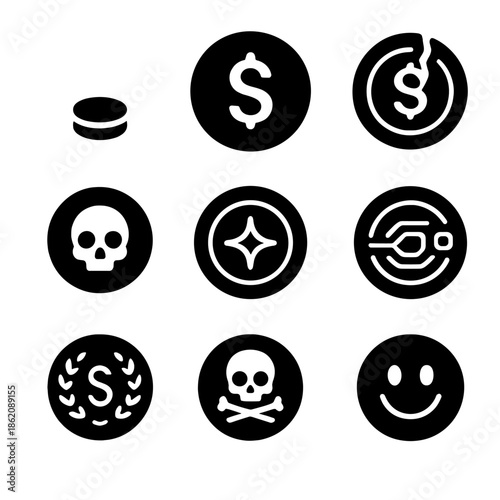 Minimalist black money and skull icons on dark background