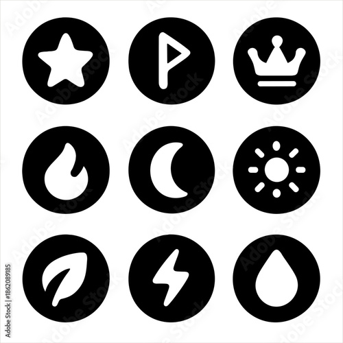Minimalistic icons set: moon, sun, crown, star, elements and symbols