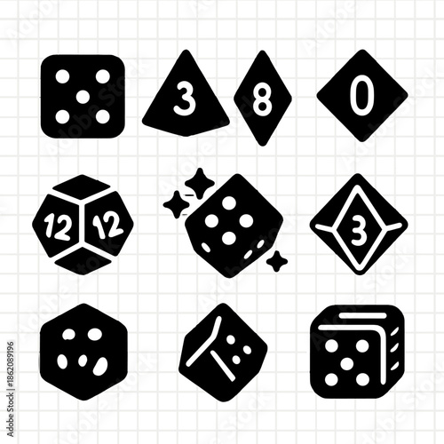 Geometric black shapes set on white grid background for creative design