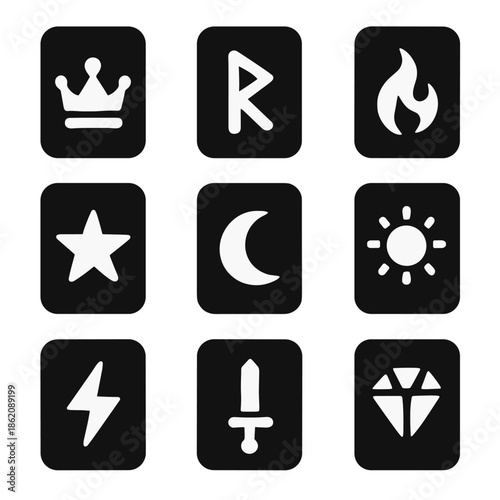 Minimalist icon set: symbols of power, nature, and night in monochrome