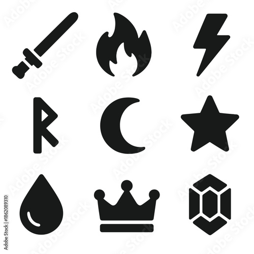 Minimalist black icons: sword, fire, lightning, rune, moon, star, water, crown, crystal