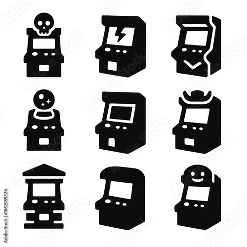 Retro arcade game icons collection featuring various designs