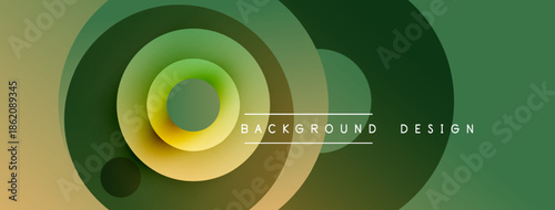 Abstract gradient circles overlap creating dynamic visual effect. Colors range from yellow to dark green. Minimalist design suitable for backgrounds.