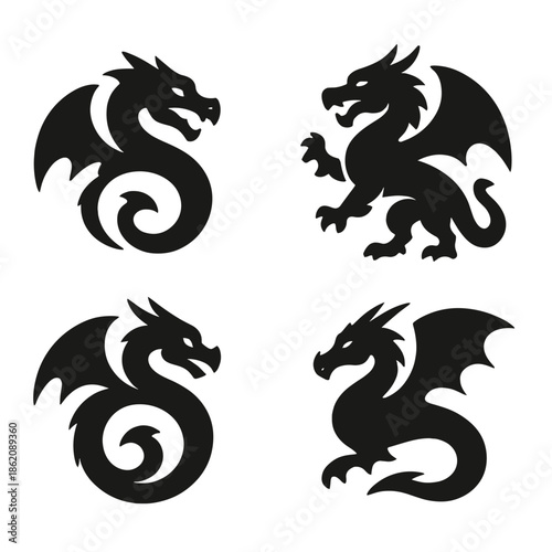 Silhouettes of mythical dragons on dark background for fantasy design